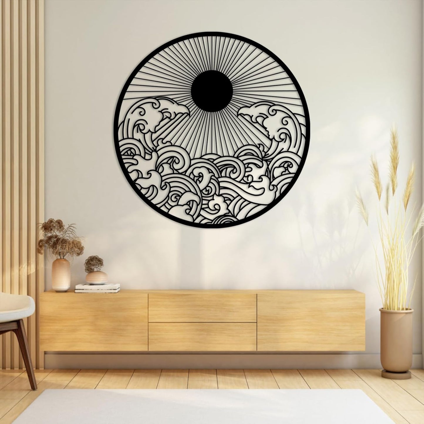 flyoak Metal Sun Wall Decor Outdoor, Sunrise Metal Wall Art, Metal Wave Wall Art, Sunrise and Wave Wall Decor, Sunburst Wall Art, Sunset Wall Art, Wall Hangings for Bedroom (Gold, 19x19in|47x47cm)