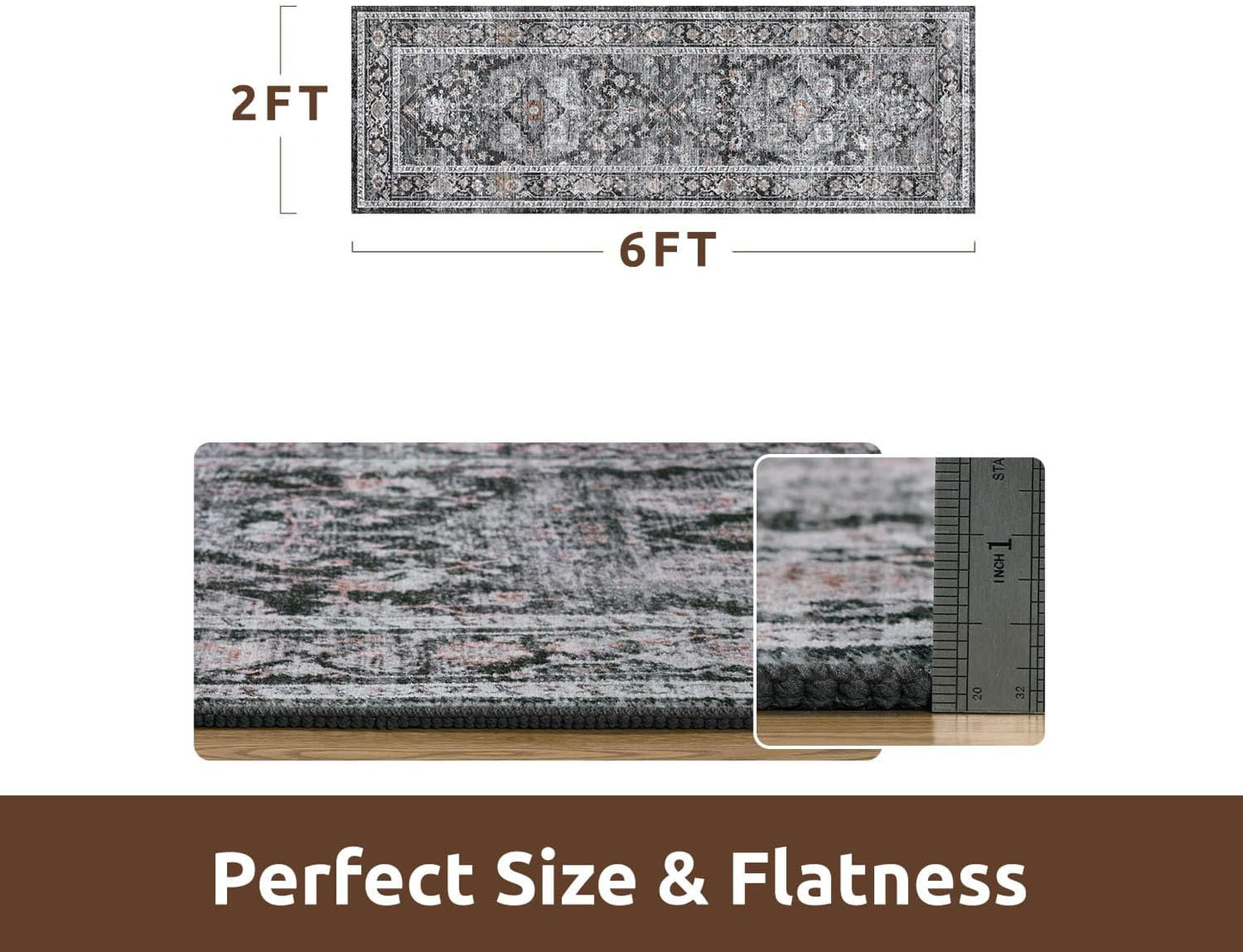 AMOAMI-2X6 Runner Rug-Washable Runners for Hallways-Soft Non Slip Bedside Rugs for Bedroom-Vintage Long Rug for Hallways Entryway Laundry Room Stair Kitchen Bathroom Dark Grey & Black