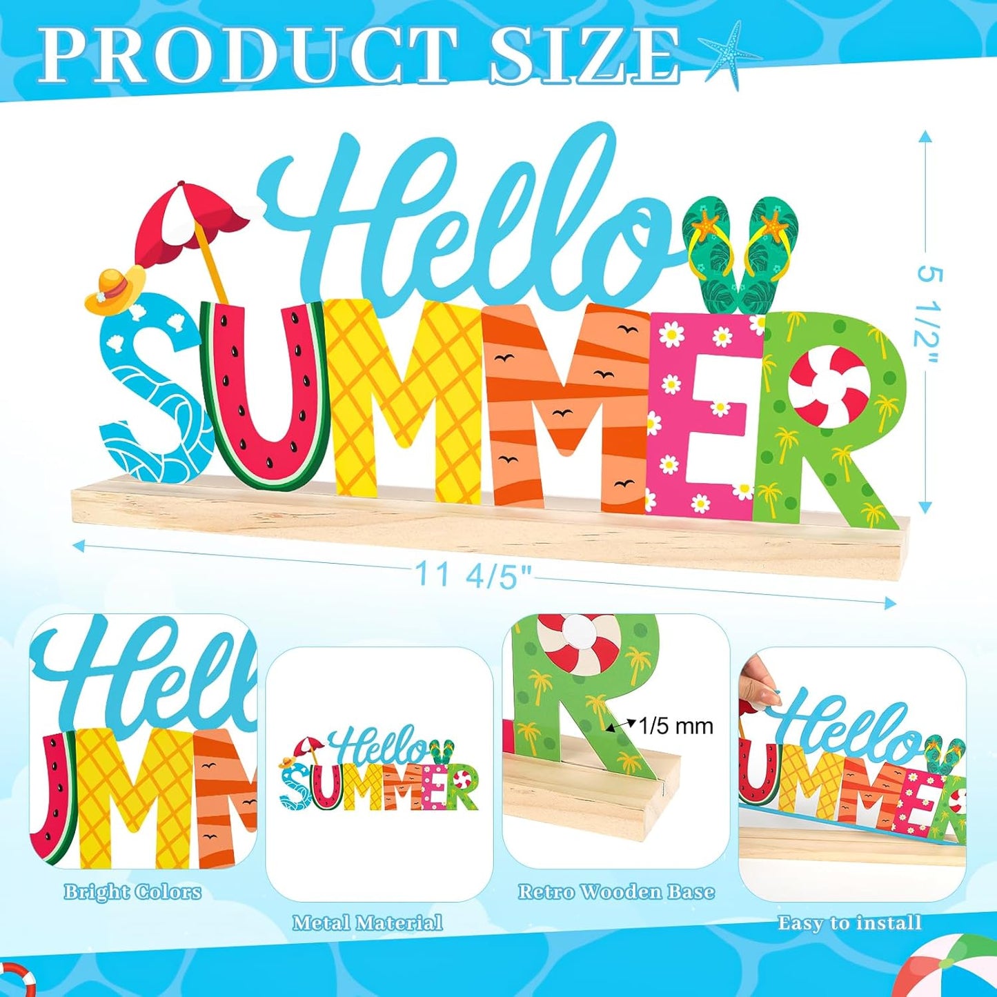 COCHIE Metal Hello Summer Sign, Summer Decorations for Home, Office, Shelf, Mantel, Indoor, Beach Slippers Tabletop Centerpiece Decoration, Watermelon Red Decor (Beach)