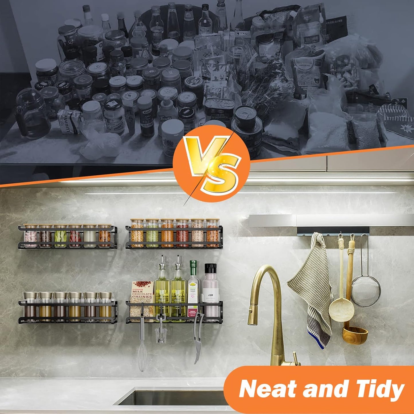 Spice Rack Wall Mounted 4 Pack,Space-Saving Spice Organizer for Spice Jars and Seasonings,Screw or Adhesive Hanging Spice Rack Organizer for Your Kitchen Cabinet,Pantry Door,11.41x2.75x2.75in