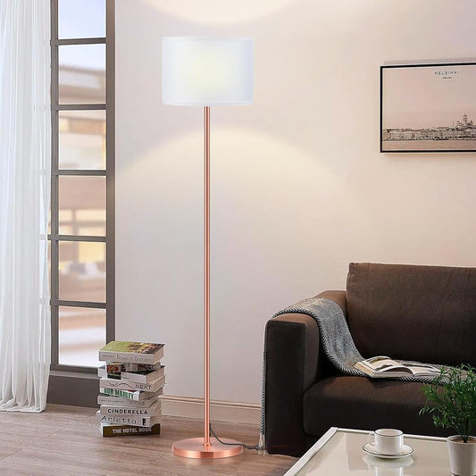 Ambimall 60'' Modern Floor Lamp with Shade, Tall Lamps for Living Room, Bedroom, Office, Dining Room, White Shade with Rose Gold Pole(Without Bulb)