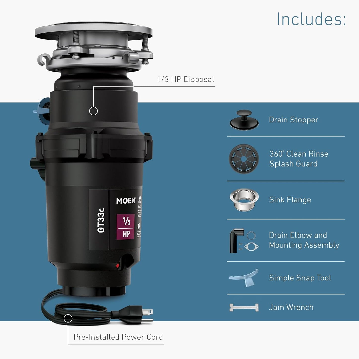 Moen GT33C Lite Series 1/3 Horsepower Continous Feed Garbage Disposal featuring Fast Track Technology, Power Cord Included