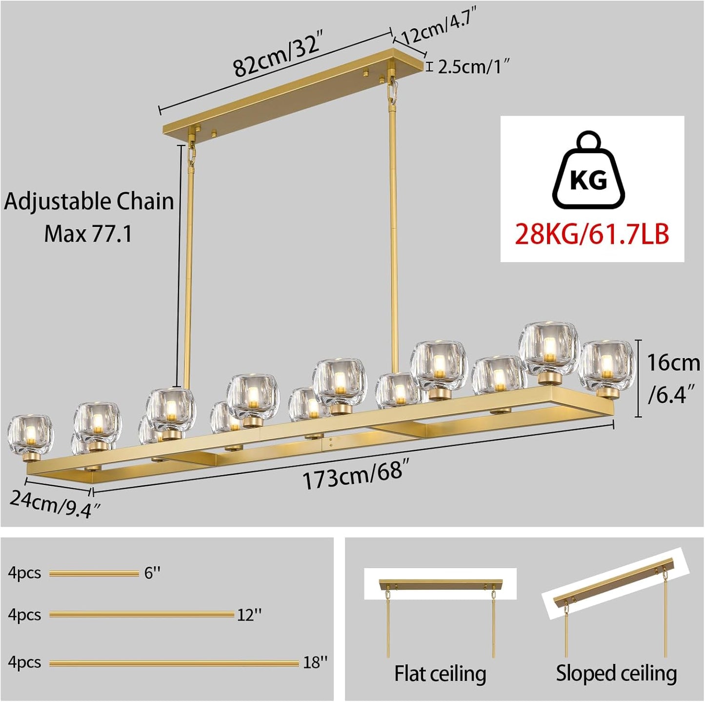 72 Inch Brass Rectangle Wagon Wheel Chandeliers, Gold Chandelier for Dining Room Over Table, Modern Crystal Long Chandelier for High Ceiling, Farmhouse Large Linear Chandeliers for Kitchen Island