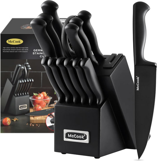 McCook® Knife Sets,German Stainless Steel Knife Block Sets with Built-in Sharpener, Black
