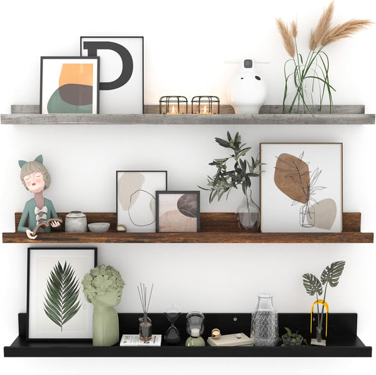 Giftgarden 36 Inch Multi Colors Floating Shelves for Wall Mount, Assorted Colors Wood Wall Shelf Ledge for Bathroom Bedroom Living Room Kitchen Storage, Set of 3 Different Sizes