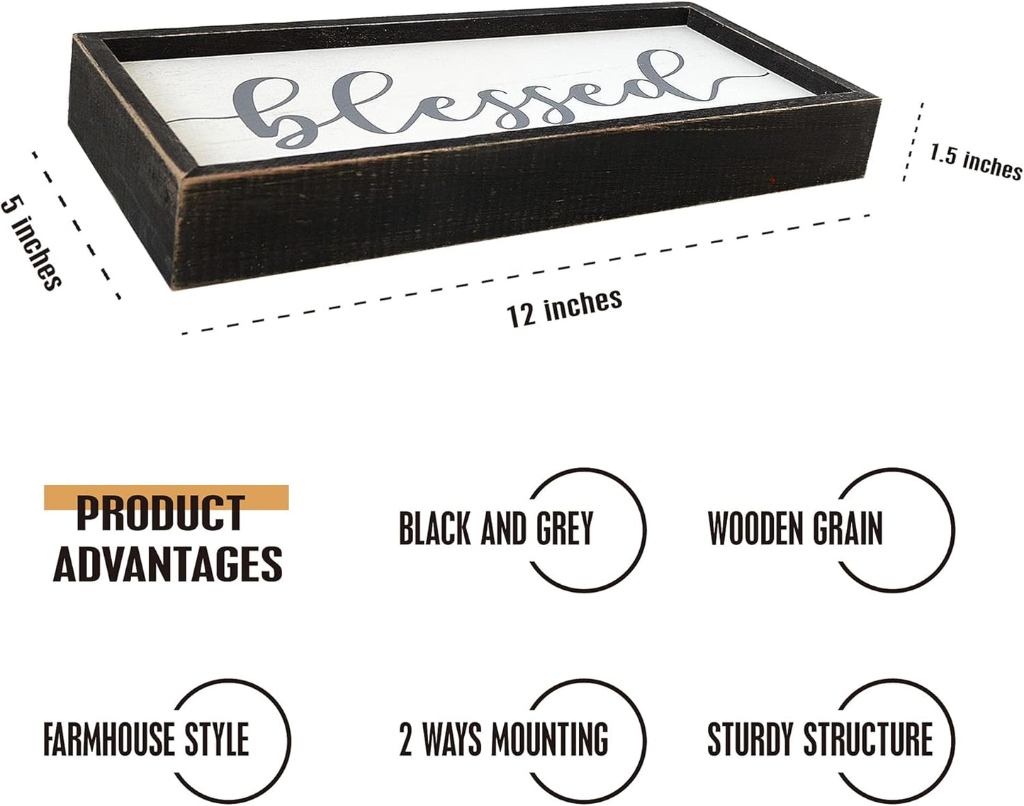 Rustic Blessed Freestanding Sign Home Decor for Living Room - Farmhouse Framed Blessed Wall Art Solid Wood Grey 12x5 Inches