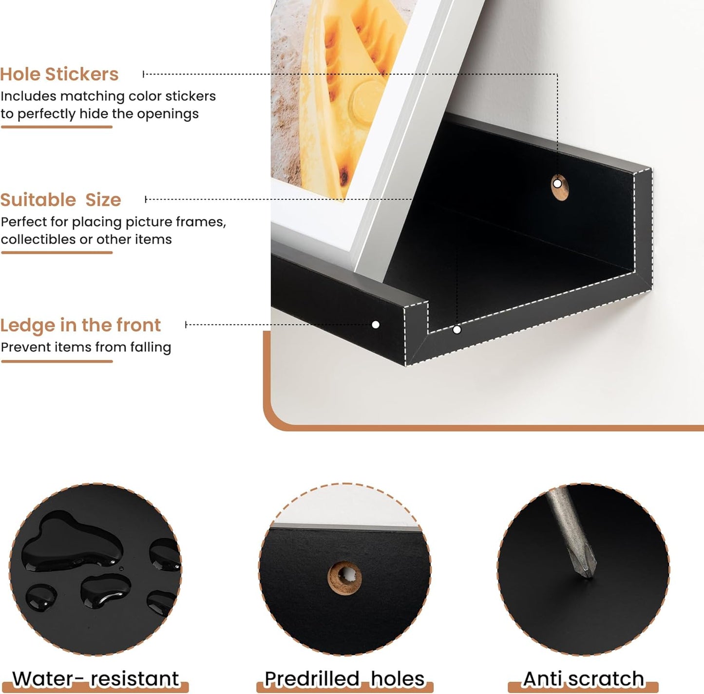 Fun Memories Picture Ledge Shelves Set of 2, 36 Inch Rustic Wall Mounted Floating Shelves with Lip for Home Storage and Décor in Bathroom, Kitchen, Nursery, Bedroom, Living Room, Black