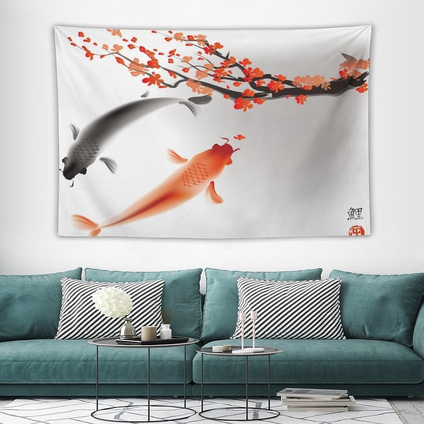 Japanese Koi Fish Tapestry, Cherry Blossoms Asian Oriental Flower Branch Koi Fish Carp Tapestries Wall Hanging for Bedroom Living Room Office Decor 60"x40"
