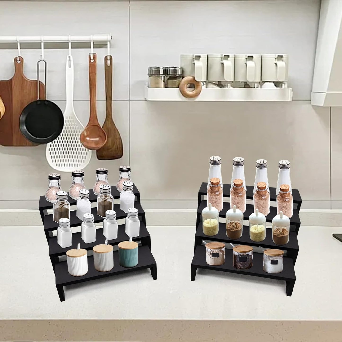 Large Display Wood Risers Wooden Stand 8 Tier Wood Racks Decorative Rectangular, 2 Set 8 Piece Cupcake Stands Cologne Perfume Organizer Dessert Showcase Items(black)