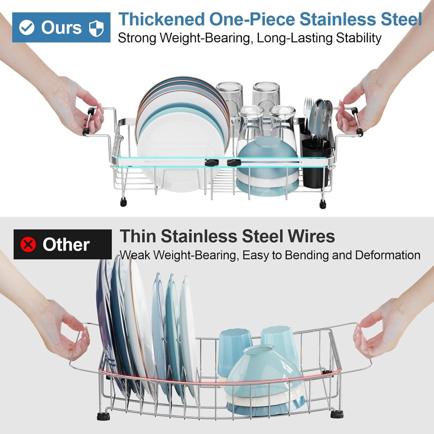 GSlife Expandable in Sink Small Dish Drying Rack - Stainless Steel Capacity Adjustable Over The Sink Dish Rack with Cup Holder (12" -16.8"), Dish Drainer for Kitchen Sink with Utensil Holder, Silver