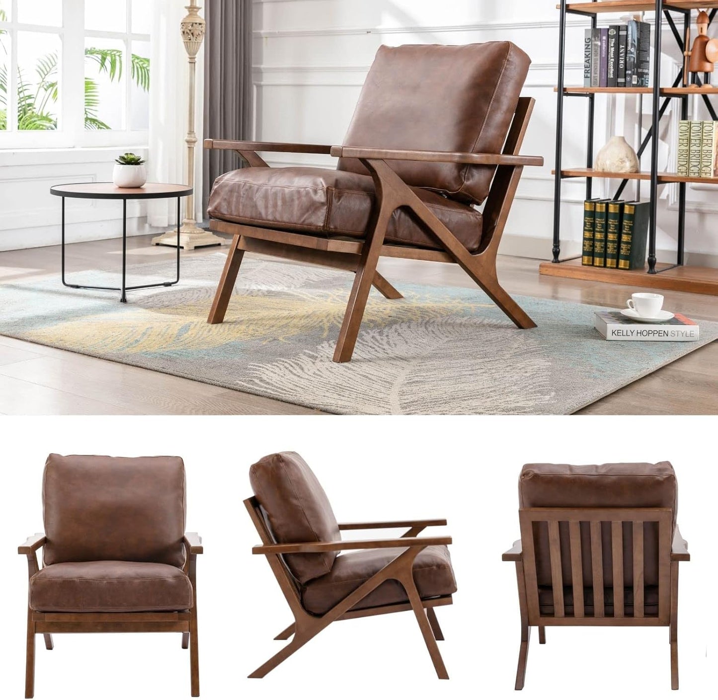 HNY Mid Century Arm Chairs Set of 2, Retro Accent Armchair with Wood Frames & Faux Leather Upholstered Removable Cushions, Leisure Reading Chair Slipper Chair for Living Room Bedroom, Brown