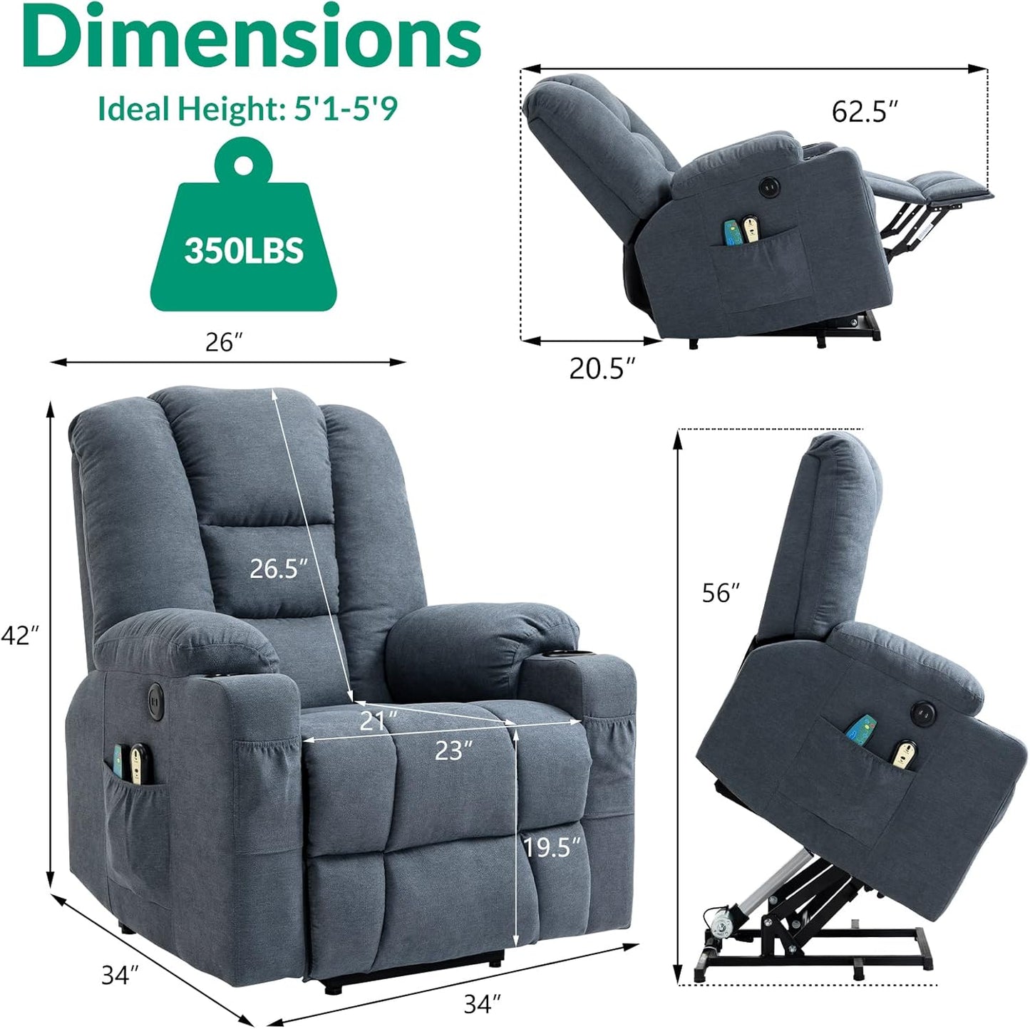 VIVIJASON Power Lift Chair Electric Recliner for Elderly Heated Vibration Massage Soft Fabric Recliner Chair with 2 Remote Controls, USB Ports, Side Pockets & Cup Holders for Living Room (Blue)