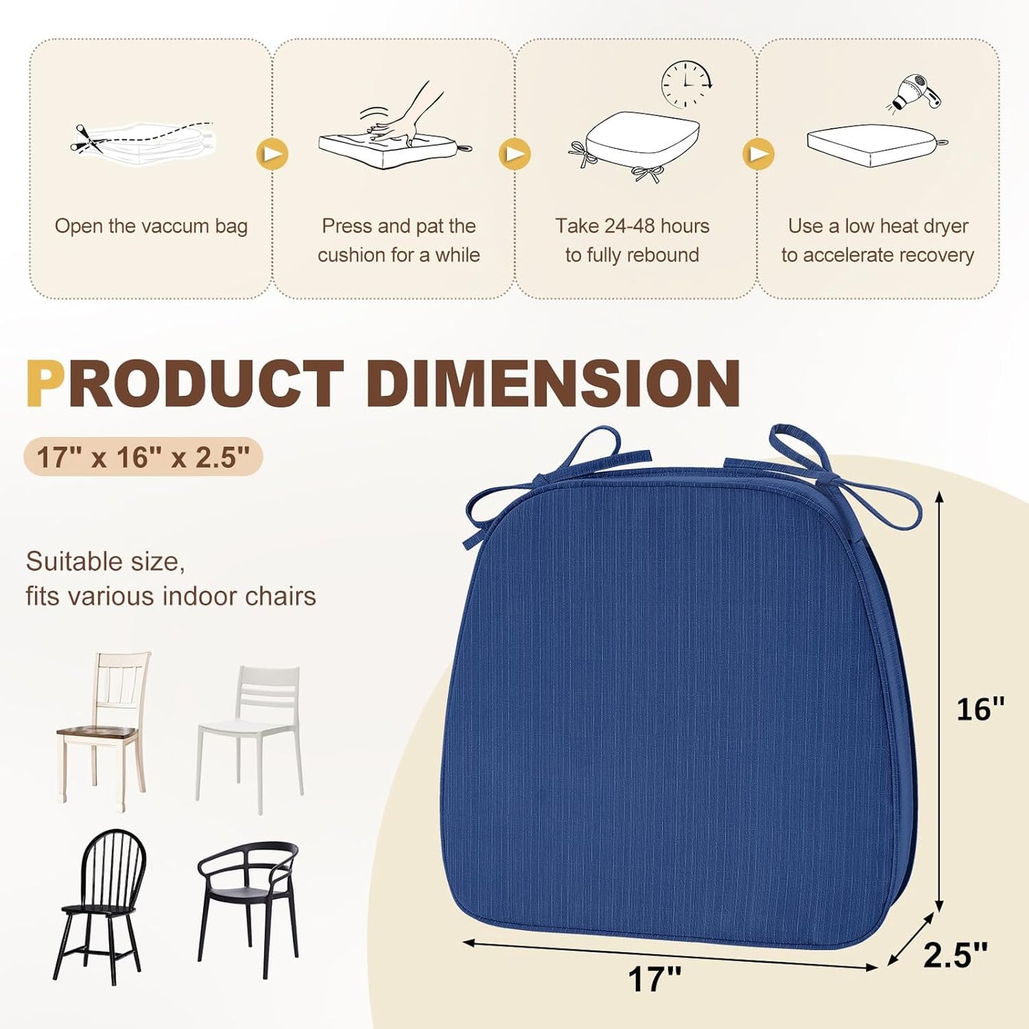 downluxe Chair Cushions for Dining Chairs, Waterproof Kitchen Chair Pads, Non-Slip Dining Seat Cushion with Ties, 17" x 16" x 2.5", Blue, 6 Pack
