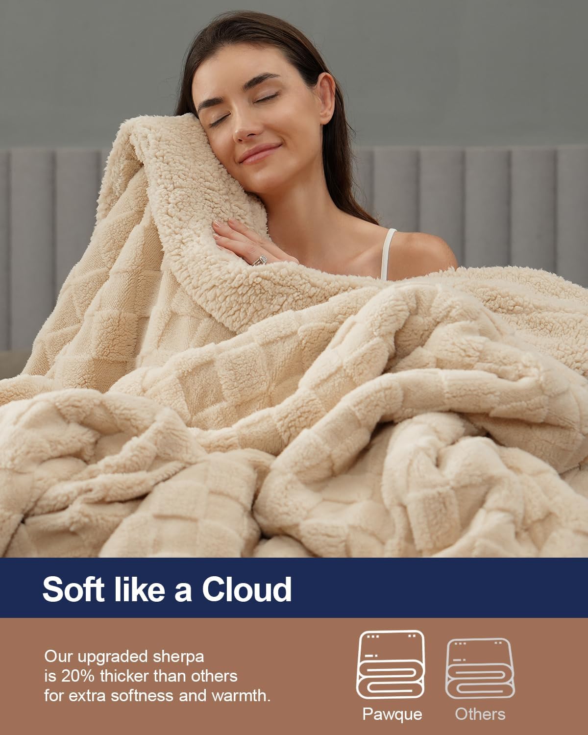 Pawque Super Soft Cozy Throw Blanket Queen Size for Couch Bed, Fluffy Sherpa Fleece Reversible Thick Warm Fuzzy Blanket for All-Season, 3D Checkered Jacquard Decorative Blankets, Khaki, 90"x90"