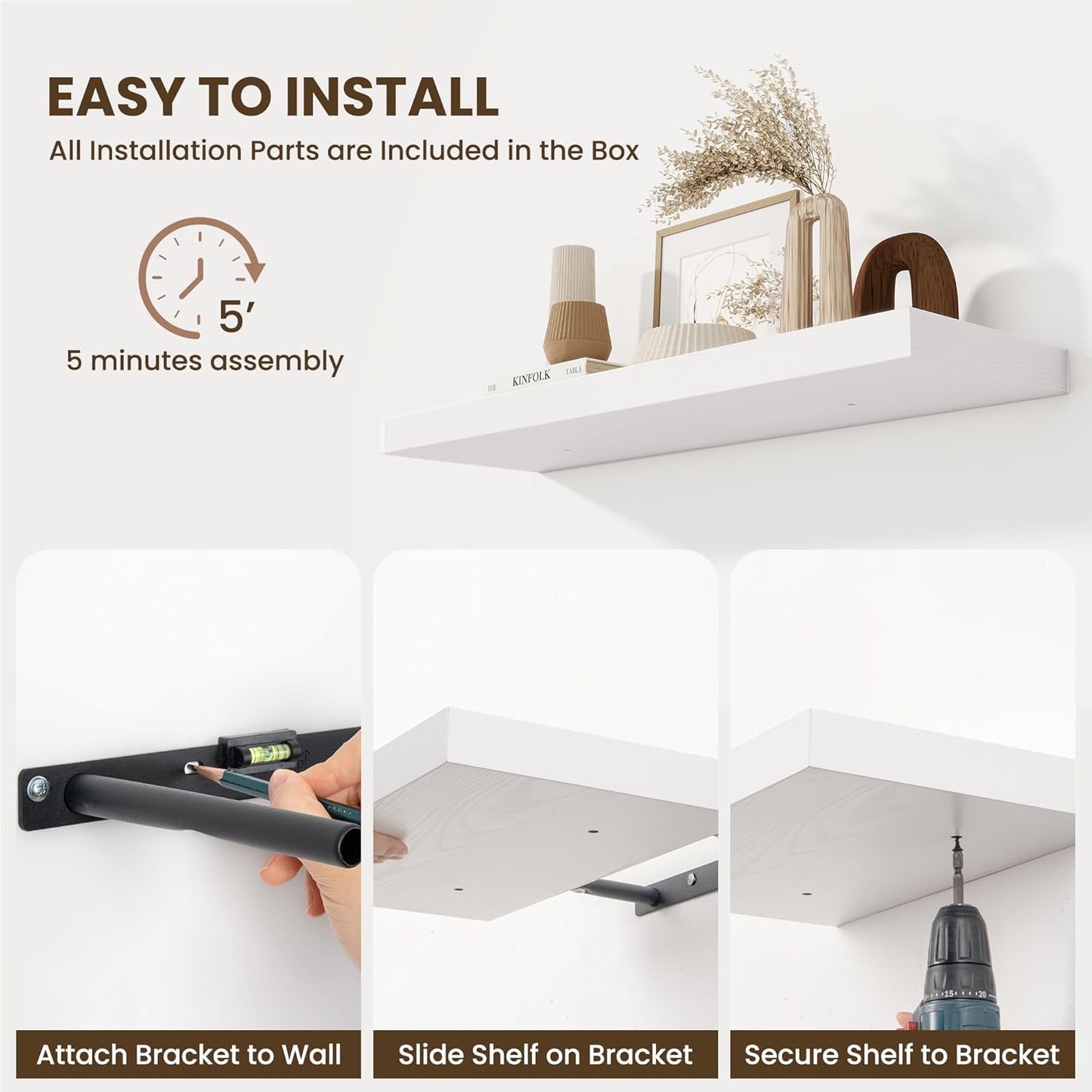 Fun Memories Wood Floating Shelves 16 Inch, 10 Inch Deep Shelves Wall Mount, Wall Shelves with Invisible Bracket, 16" Floating Shelves for Living Room Bathroom Bedroom, White, Set of 2