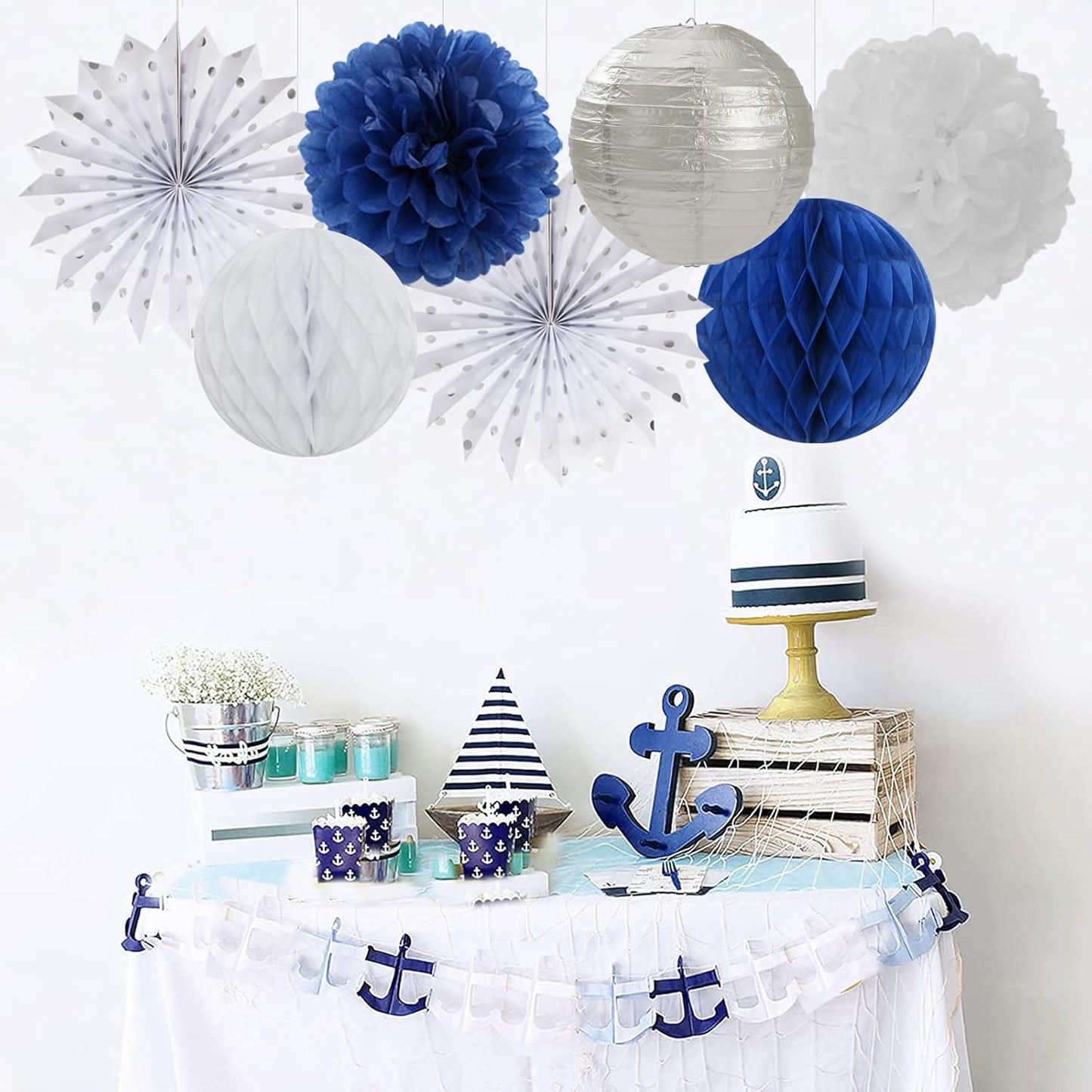 Navy-Blue White Silver Party Decorations - 14pcs Kits Paper Lanterns Fan,Tissue Flower Pom Poms Streamers,Honeycomb Balls,Graduation 2025 Men Birthday Wedding Baby Bridal Shower Decor Lasting Surprise