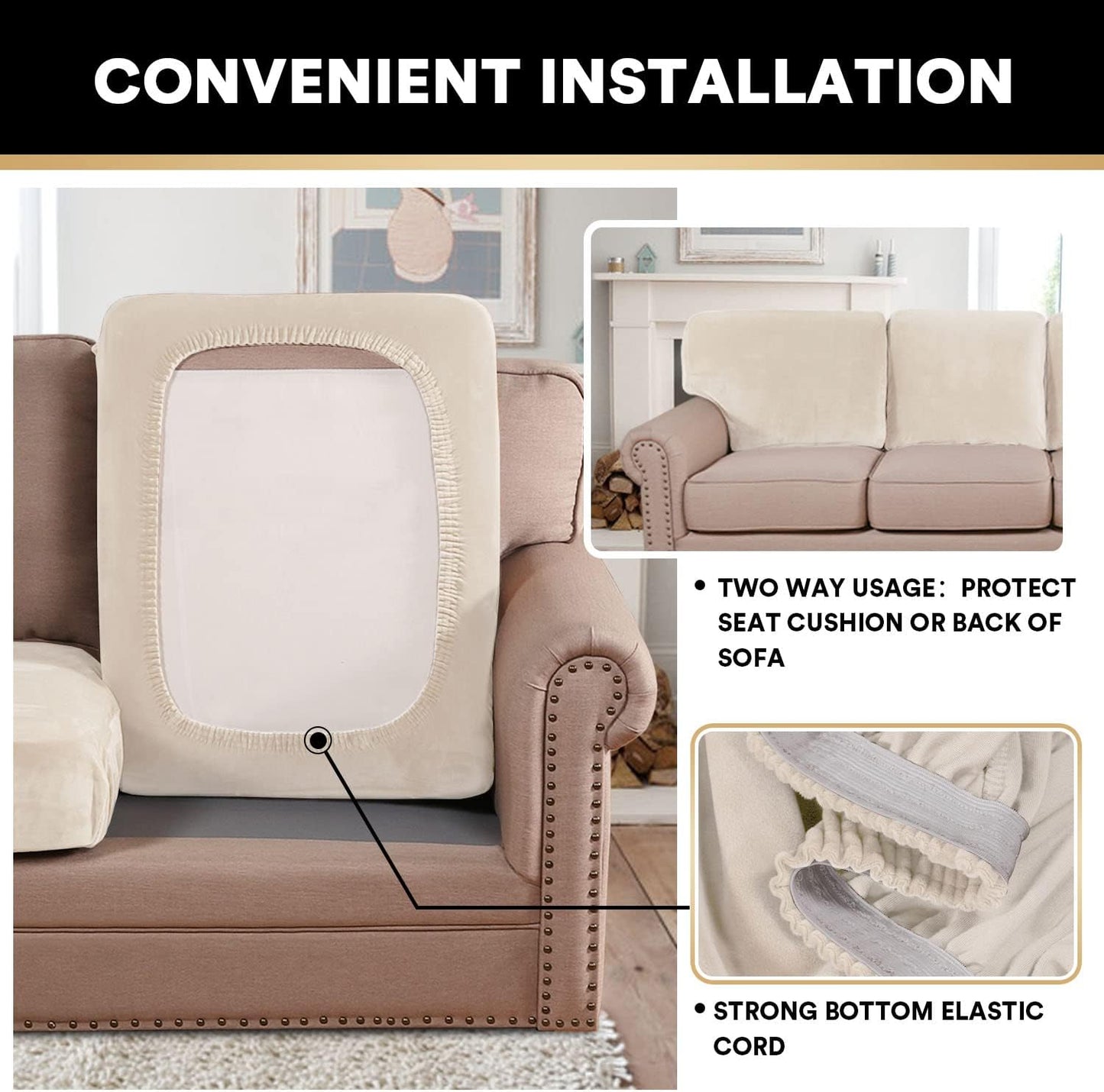 PrinceDeco Velvet Couch Cushion Cover Stretch Sofa Seat Covers Washable Cushion Slipcover for Chair Love Seat Sofa Cushion Furniture Protector Seat Cushion Sofa Cover (Each Width Up to 29.5", Ivory)