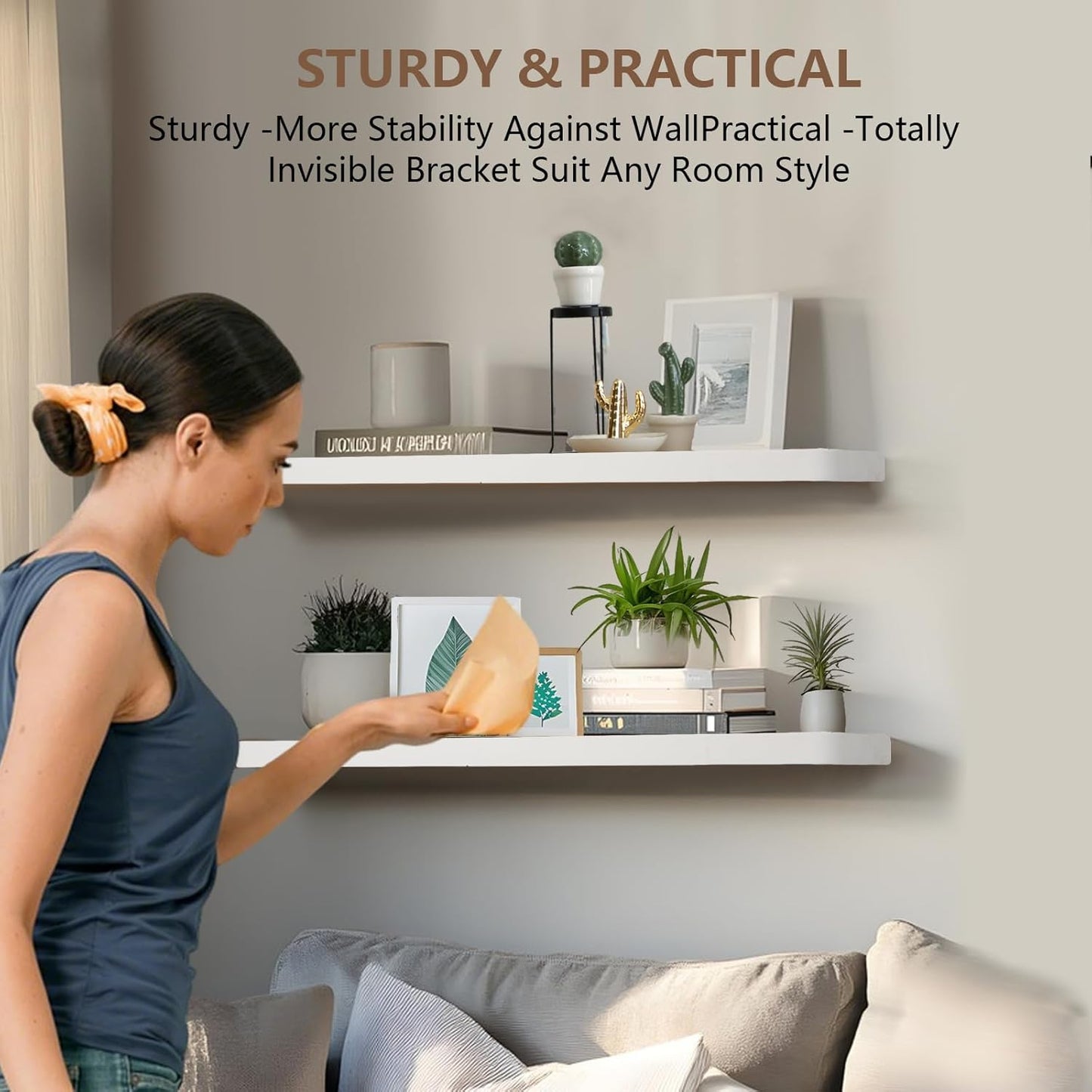 Solid Wood Floating Shelves Set of 2 - Natural, Warp & Crack Resistant 23.62 Inch Wall Shelf with Invisible Brackets Thicker, More Durable for Bathroom, Bedroom, Kitchen, Living Room (White, 23.62)