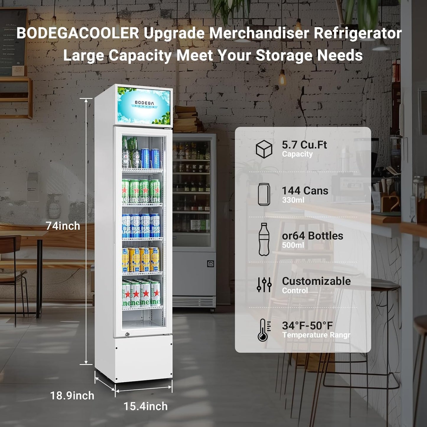 BODEGACOOLER 5.7 Cu.Ft Commercial Beverage Refrigerator,Commercial Cooler Refrigerators Glass Door Display Fridge for Bar,Drink,Tall Drink Cooler for Parties,Slim Single Door Display Fride