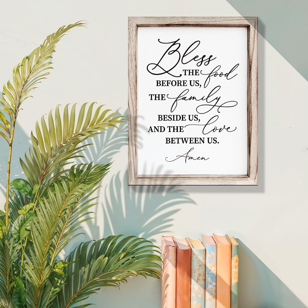 Christian Wooden Wall Sign, Dining Room Decors, Farmhouse Decor for Kitchen, Rustic Home Decor, Framed Wall Plaque Sign 15 * 11.5 inches, Bless the Food Before Us