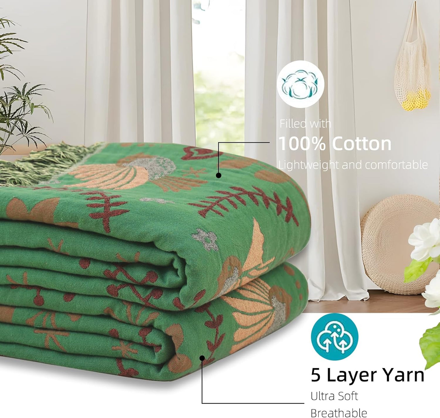 Boho Throw Blanket for Bed, 100% Pure Cotton Ultra Soft Rustic Quilt, Farmhouse Decor Bed Blankets, All Season Rustic Throw for Sofa Couch Chair(80''x 90'', Bird B)