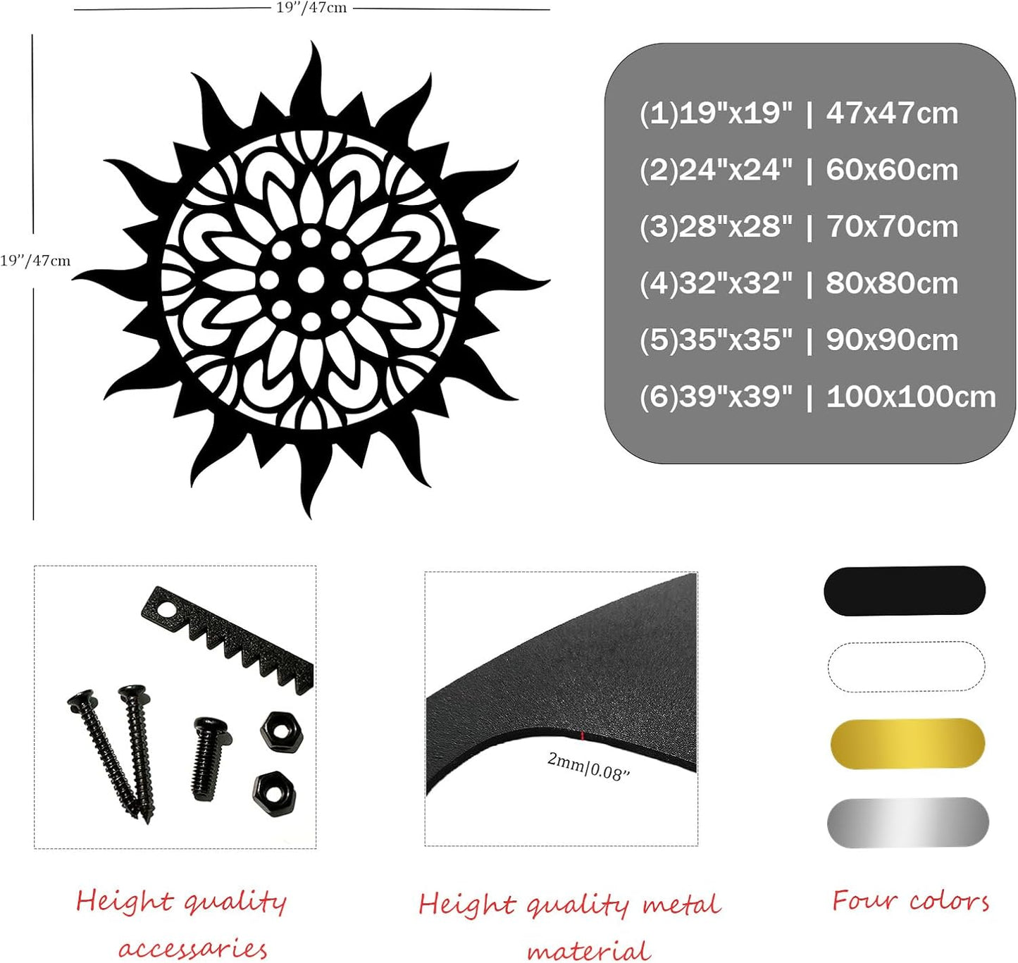 Sunburst Metal Wall Decor, Metal Sun Wall Decor, Metal Sun Flower Wall Art, Outdoor Metal Sun Wall Art, Sun Burst Wall Decor, Home Decor, Patio Decor, Wall Art for Living Room, Bedroom (White, 39"x39"|100x100cm)