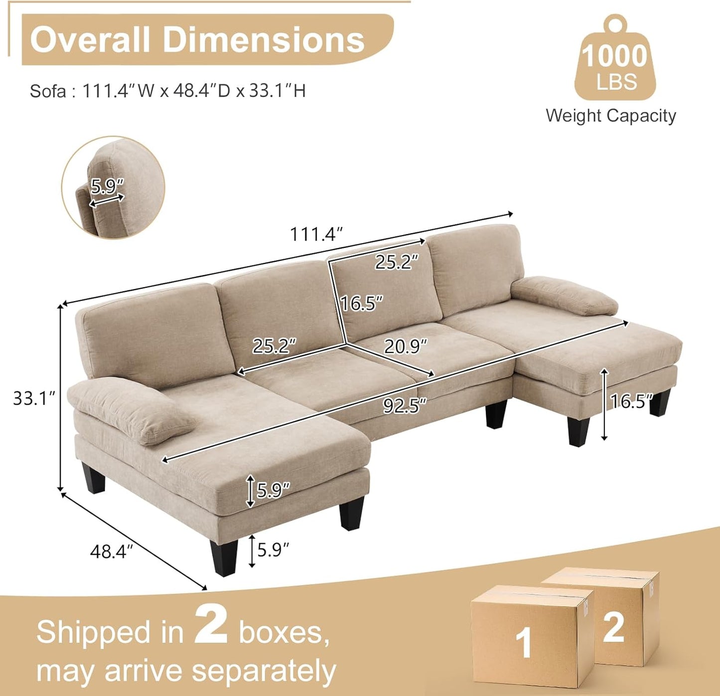 Karl home U-Shape Sectional Sofa Couch 111" Modern 4-Seat Sofa with Chaises Chenille Fabric Upholstered Covertible Couch with Wood Grain Legs for Living Room, Reception Room, Apartment, Khaki