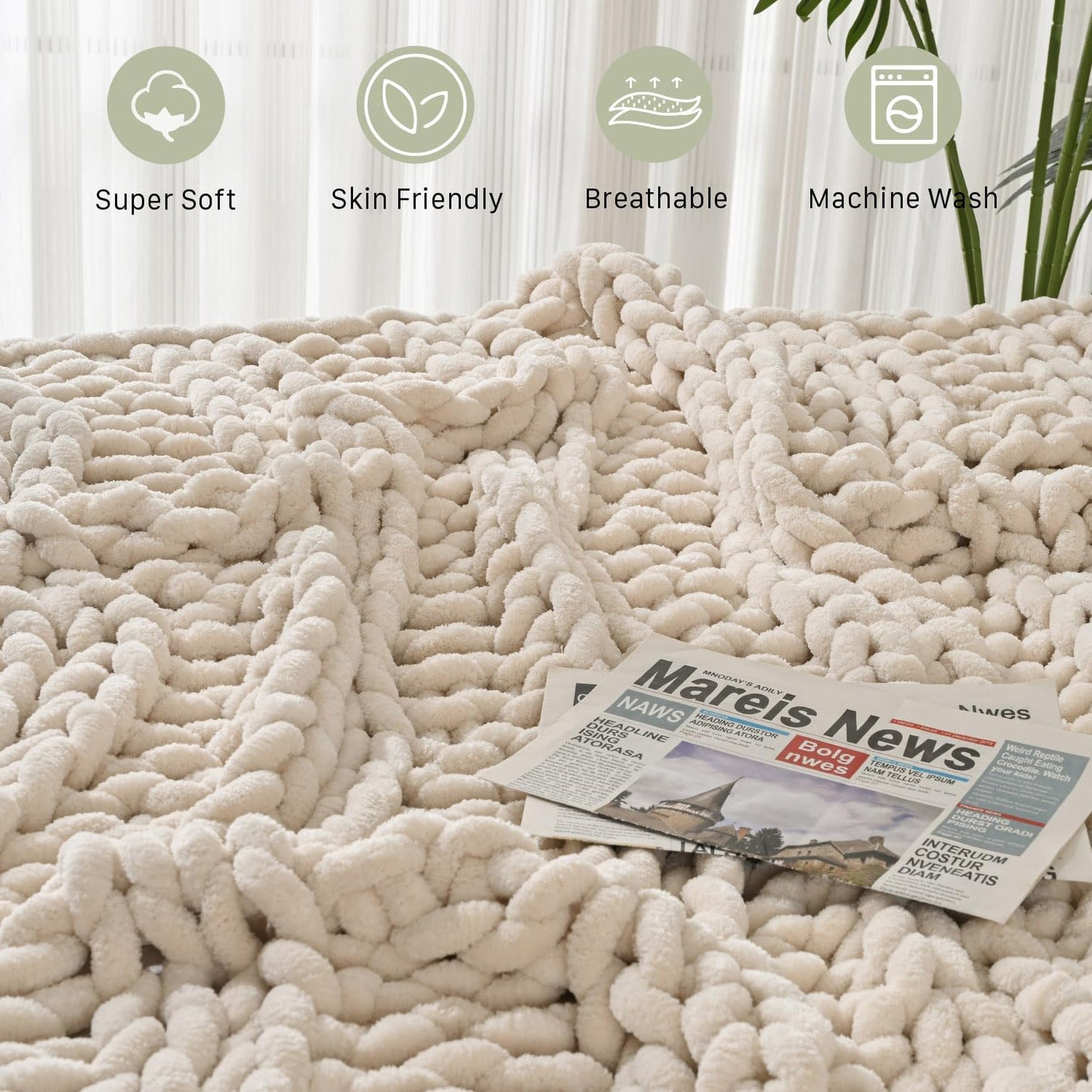 Esterra Chunky Knit Blanket Throw, 100% Handmade Chenille Throw Blanket 40"x50", Soft Thick Yarn Cable Knit Crochet Throw Blanket Rope Knot Throw for Couch Bed Sofa, Apricot White