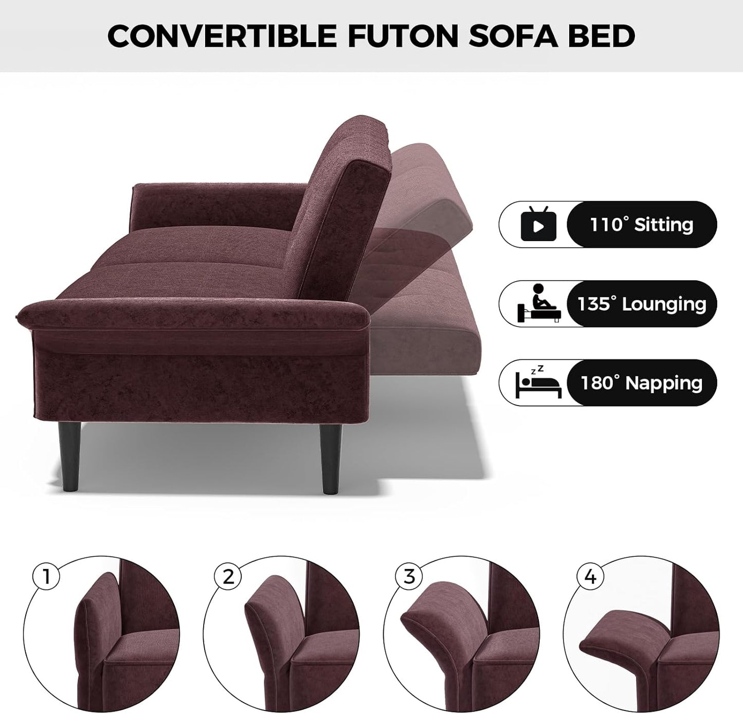 89” Futon Sofa Bed, Velvet Fabric Comfy Futon Couch Bed with 2 Square Pillows, Convertible Sleeper Sofa with Adjustable Backrest& Armrests, Modern Loveseat Sleeper for Living Room, Burgundy