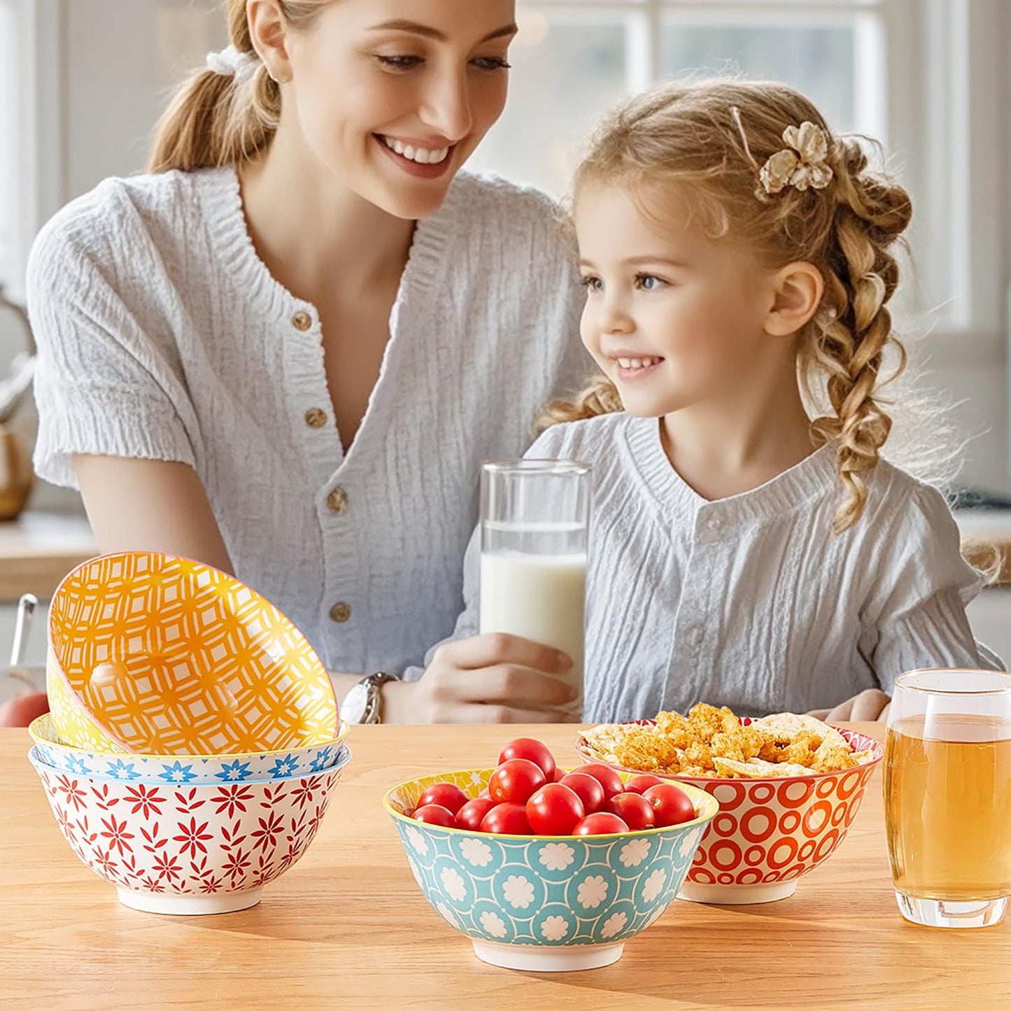 23 OZ Colorful Large Ceramic Bowl Set of 6， 6 inch Deep Porcelain Cereal Bowls for Soup, Salad, Snack and Rice, Dishwasher/Microwave safe