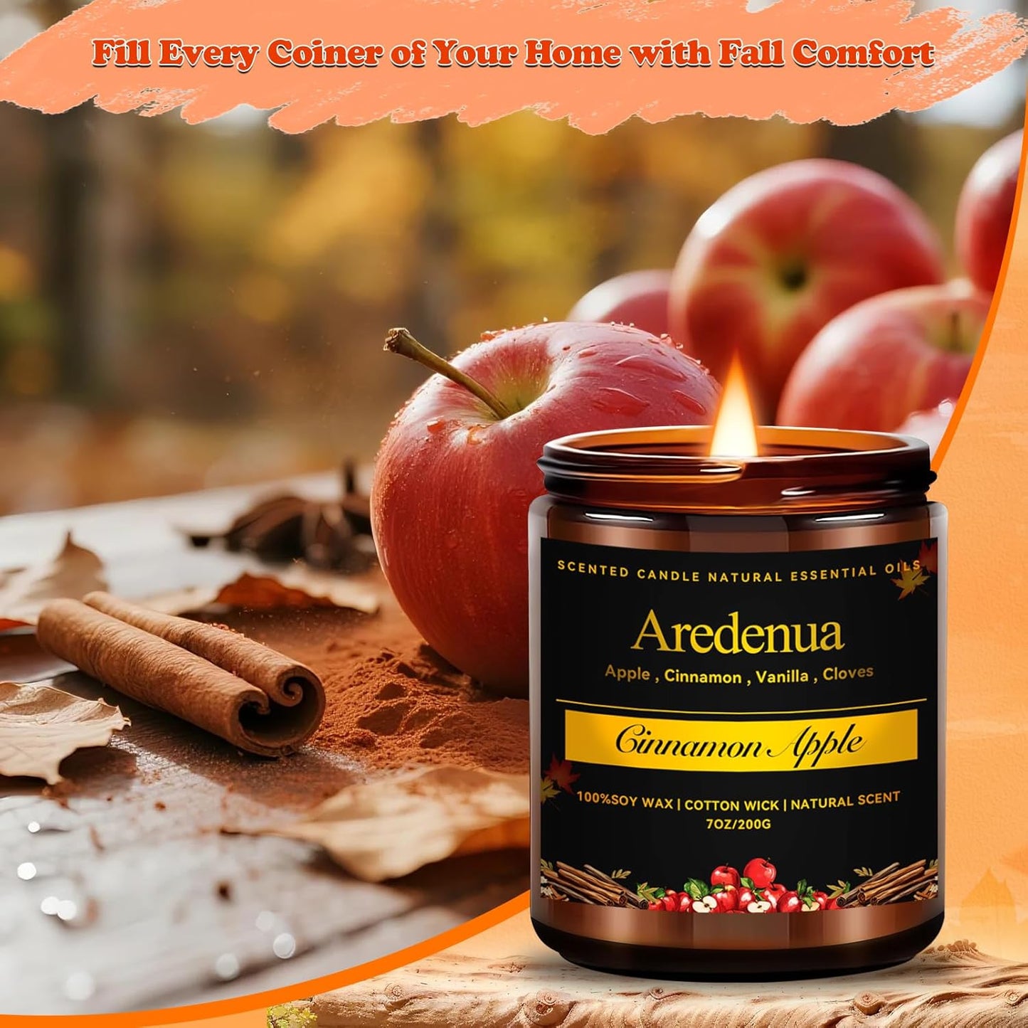 Fall Candles - Apples & Cinnamon Candle | Apple Scented Candles, Thankingsgiving Candle for Autumn, 7 OZ Soy Candles for Home Scented - Fall Gifts for Women Men