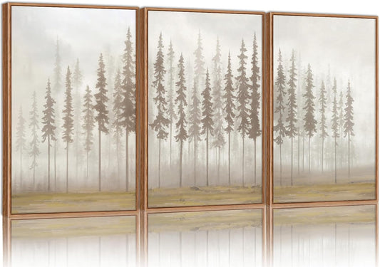 SIGNINART Large Pine Tree Framed Canvas Wall Art Set, Foggy Forest Landscape Wall Decor, Modern Beige Nature Artwork, Misty Forest Wall Painting for Living Room, Bedroom,Office 16 x24 x3