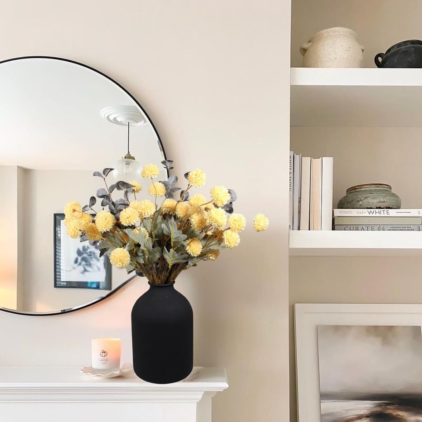 Yellow Flowers Artificial Long Stems Kiku Flower With Eucalyptus, Spring Flowers Decor, Mustard Yellow Decor, Flores Amarillas Artificiales Para Decoracion, Faux Easter Spring Summer Floral Stems