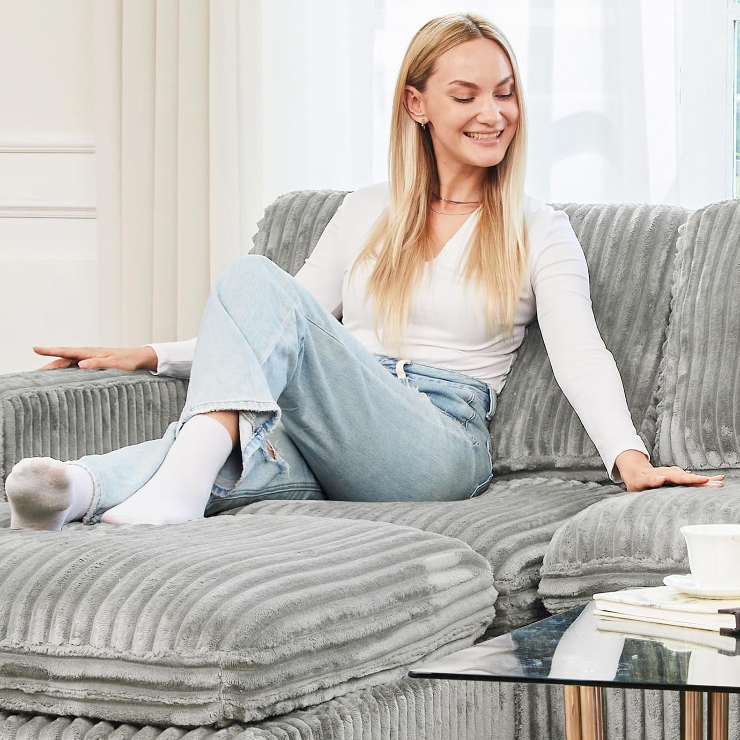 Belffin Modular Sectional Sofa with Storage Ottoman, Oversized Cloud Couch Sectional with Extra Deep Seat, Convertible L Shaped 4 Seater Sectional Couches for Living Room, Plush Corduroy Light Grey