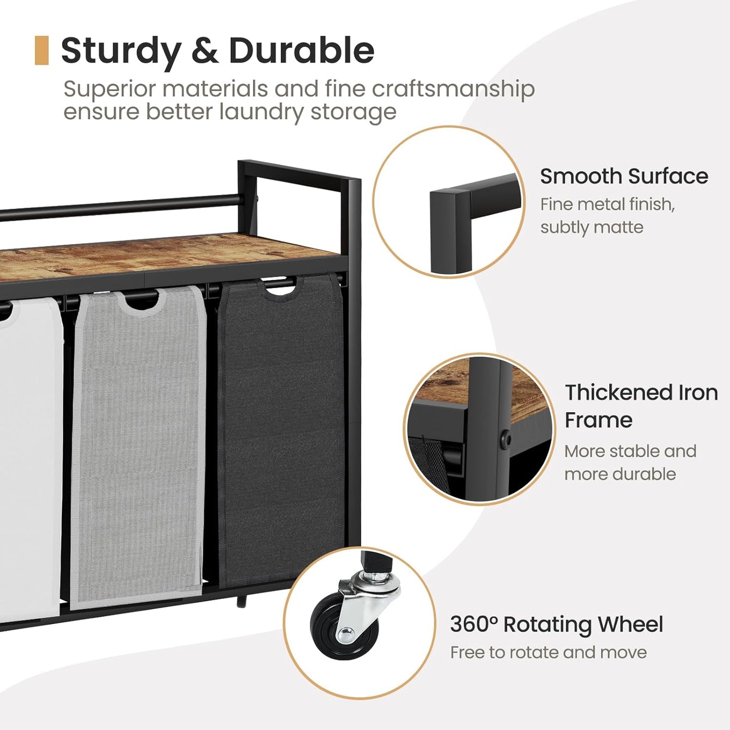 Laundry Hamper, Laundry Basket, Laundry Sorter with 3 Removable Bags, Clothes Basket with 3 Compartments, Wheels, Shelf for Laundry Room Bathroom Bedroom (3 Bags-Black Grey White)