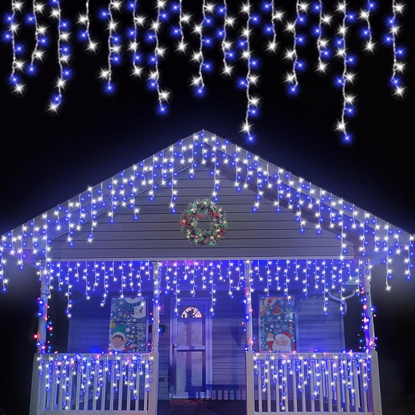 800 LED Icicle Lights Blue and White