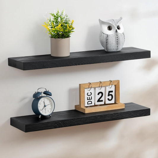 Fun Memories Handcrafted European Pine Floating Shelves - Natural Rustic Wooden Wall Shelf Set of 2-24 Inch Storage Shelf Display Shelf for Kitchen Bathroom Living Room Bedroom Farmhouse - Black
