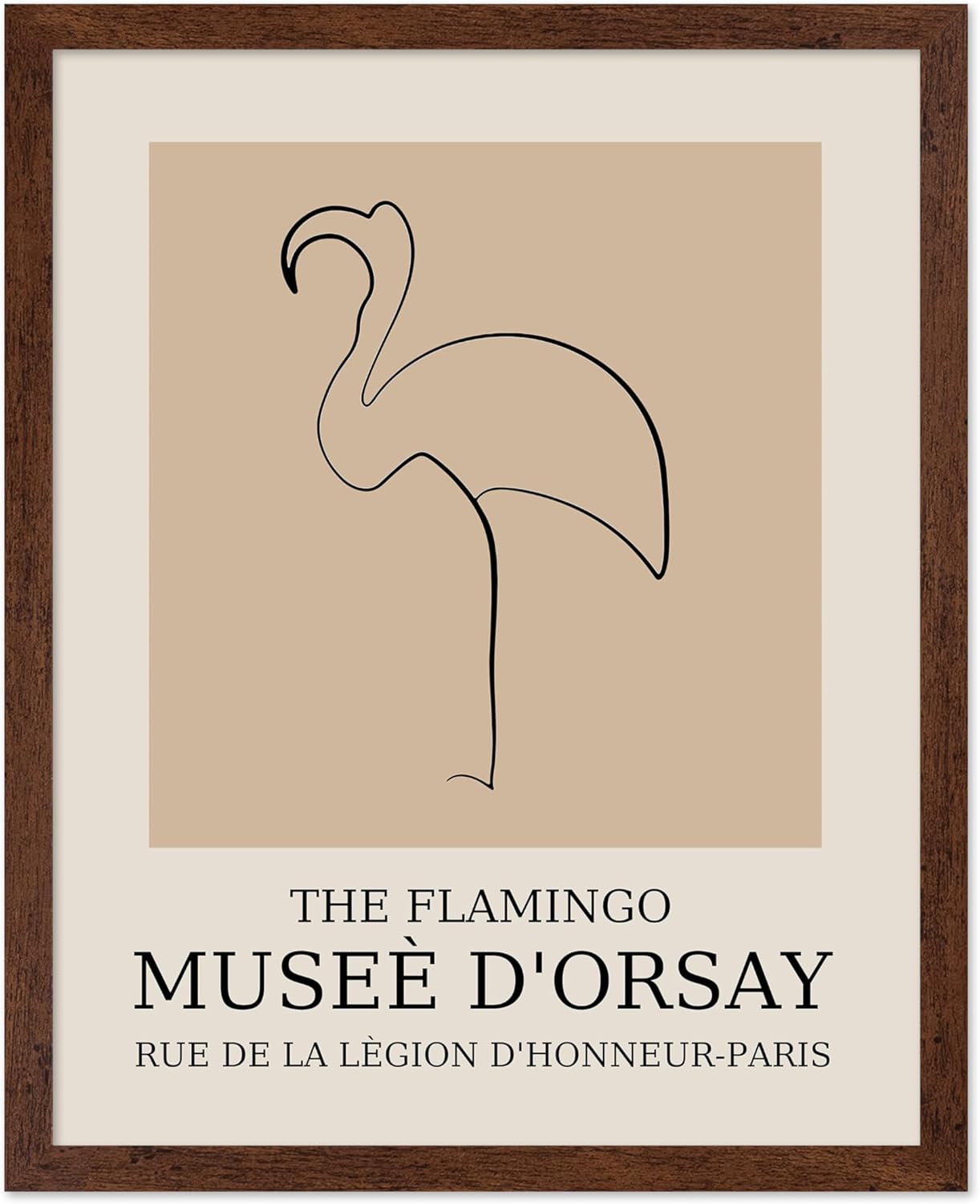Poster Master Vintage Poster - Retro Minimalist Print - Gift for Artist, Housewarming - Flamingo, Line Drawing, Sketch, Abstract - Wall Decor for Living Room, Bedroom, 11x14 Brown Framed