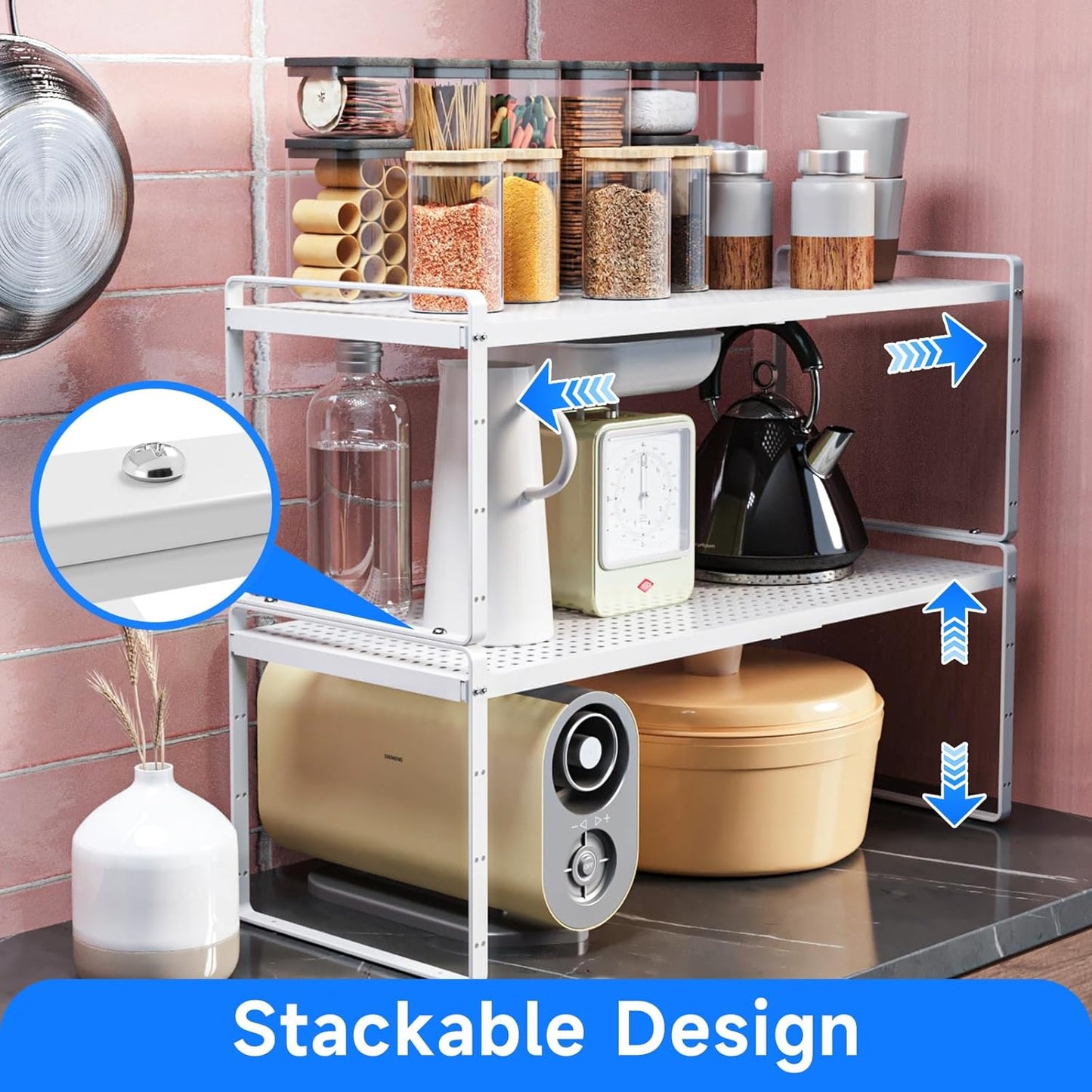 Expandable Cabinet Shelf Organizers, Kitchen Small Stand Rack Organization for Countertop Cupborad Pantry, White 3 Pack