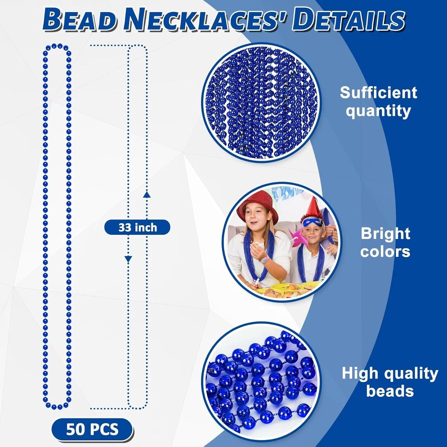 50PCS Christmas Bead Necklace, Blue Bead Necklaces Stuff, 33" Mardi Gras Beads Necklace Costume, Festival Parade Throw Accessories for Wedding Birthday Party Events Supplies Decorations