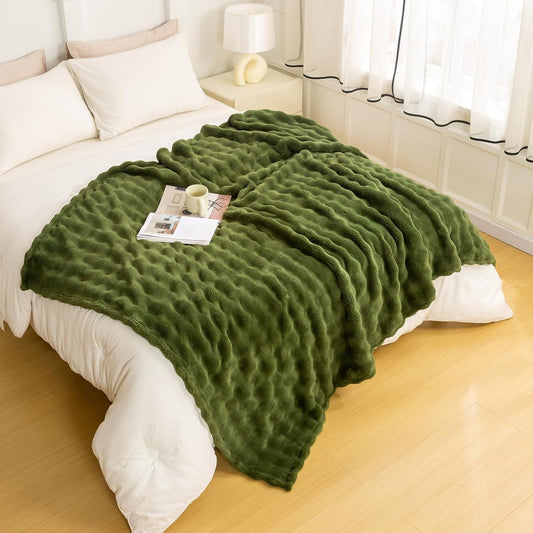YUSOKI Luxury 3D Bubble Throw Blanket 3.1lb,All Ages,Home Decoration, (Olive Green,60 * 80inches)