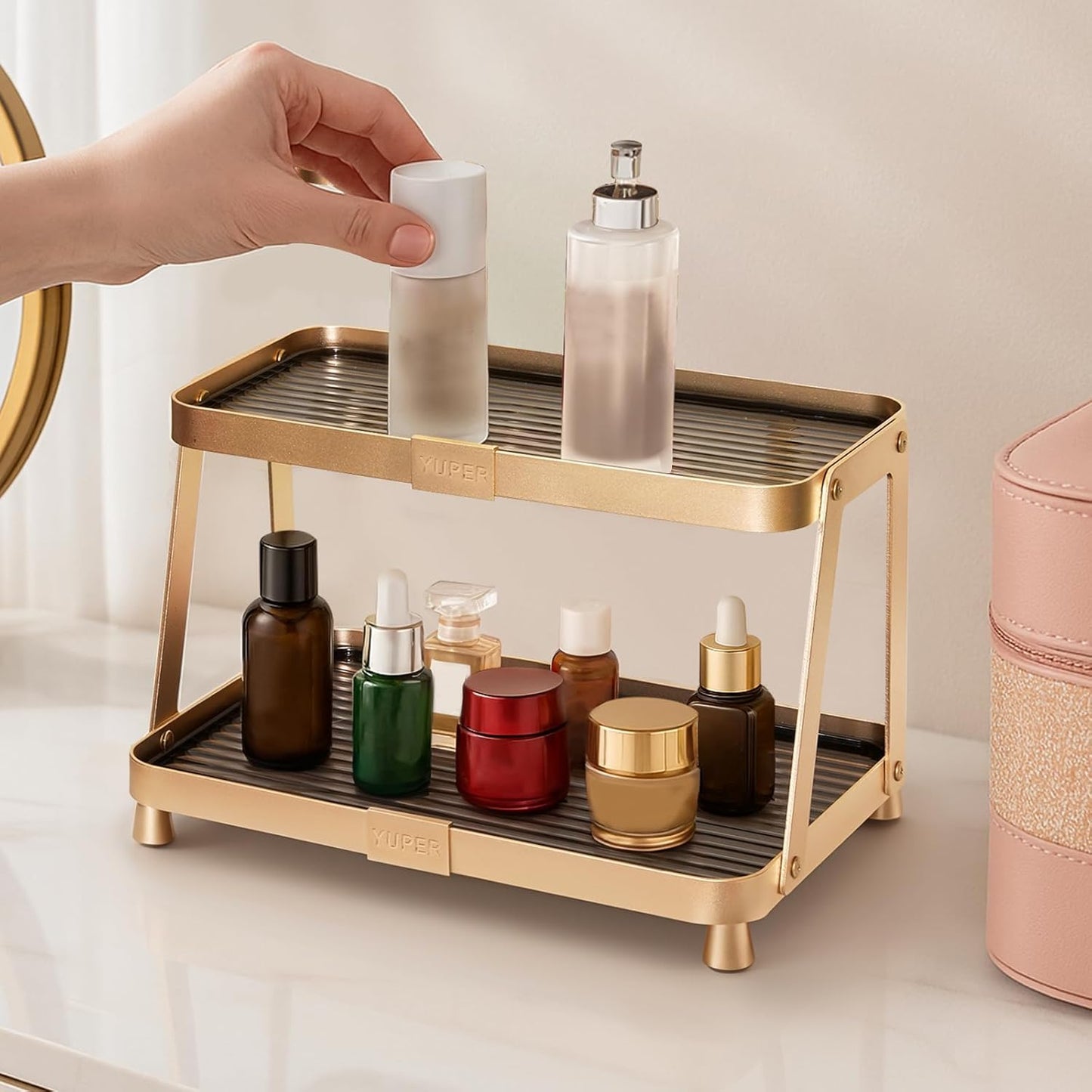 YUPER Bathroom Counter Organizer, 2-Tier Bathroom Organizers and Storage, Large Makeup Storage Shelf Vanity Tray Perfume Organizer, Bedroom Kitchen Corner Counter Storage Sink Shelf Gold