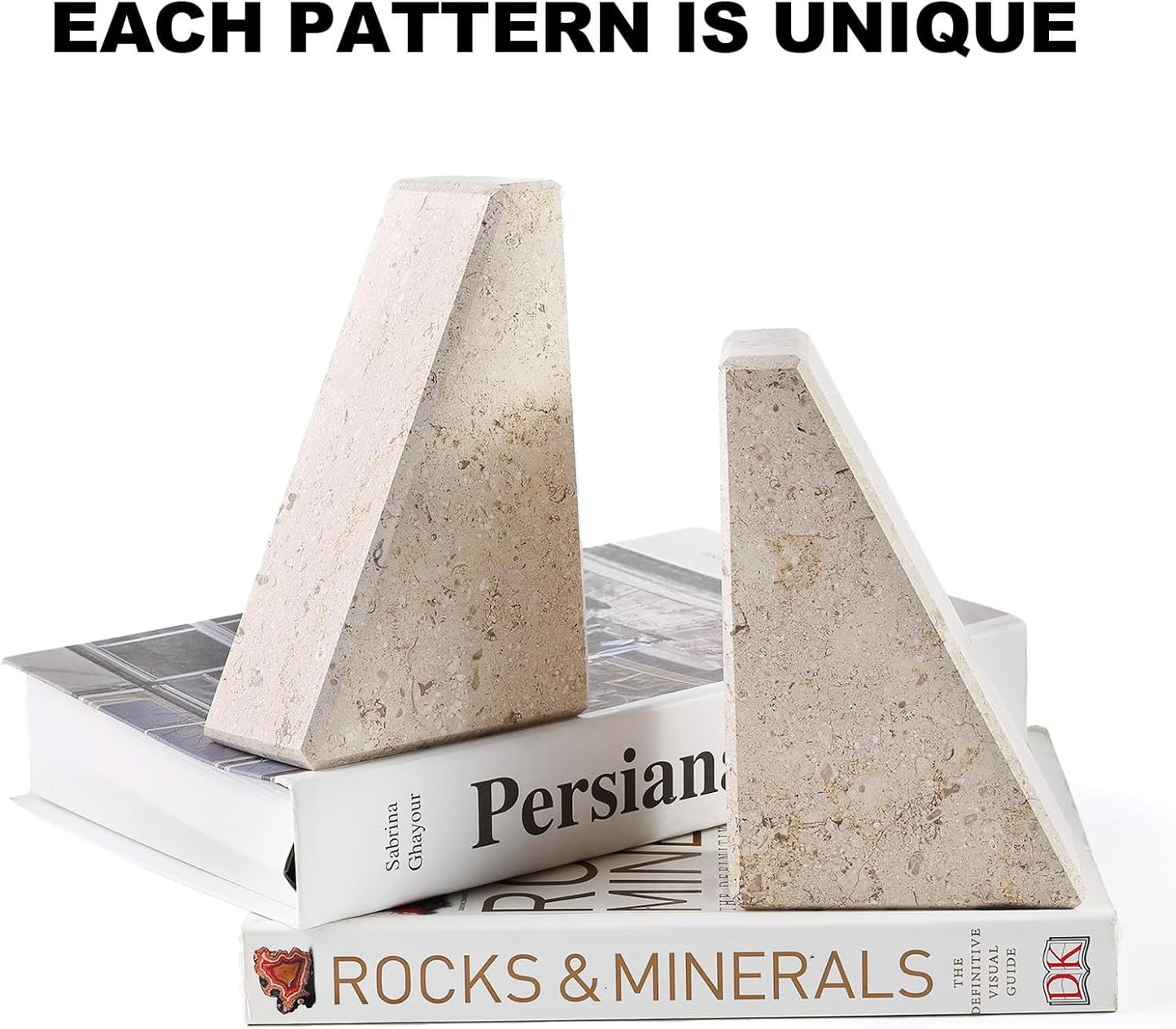 Marble Bookends for Heavy Books, Decorative Book Ends for Shelves, Beige Stone Durable and Heavy-Duty Book Ends for Hardback Books & CDS, Unique Book Stopper & Holder, Set of 2