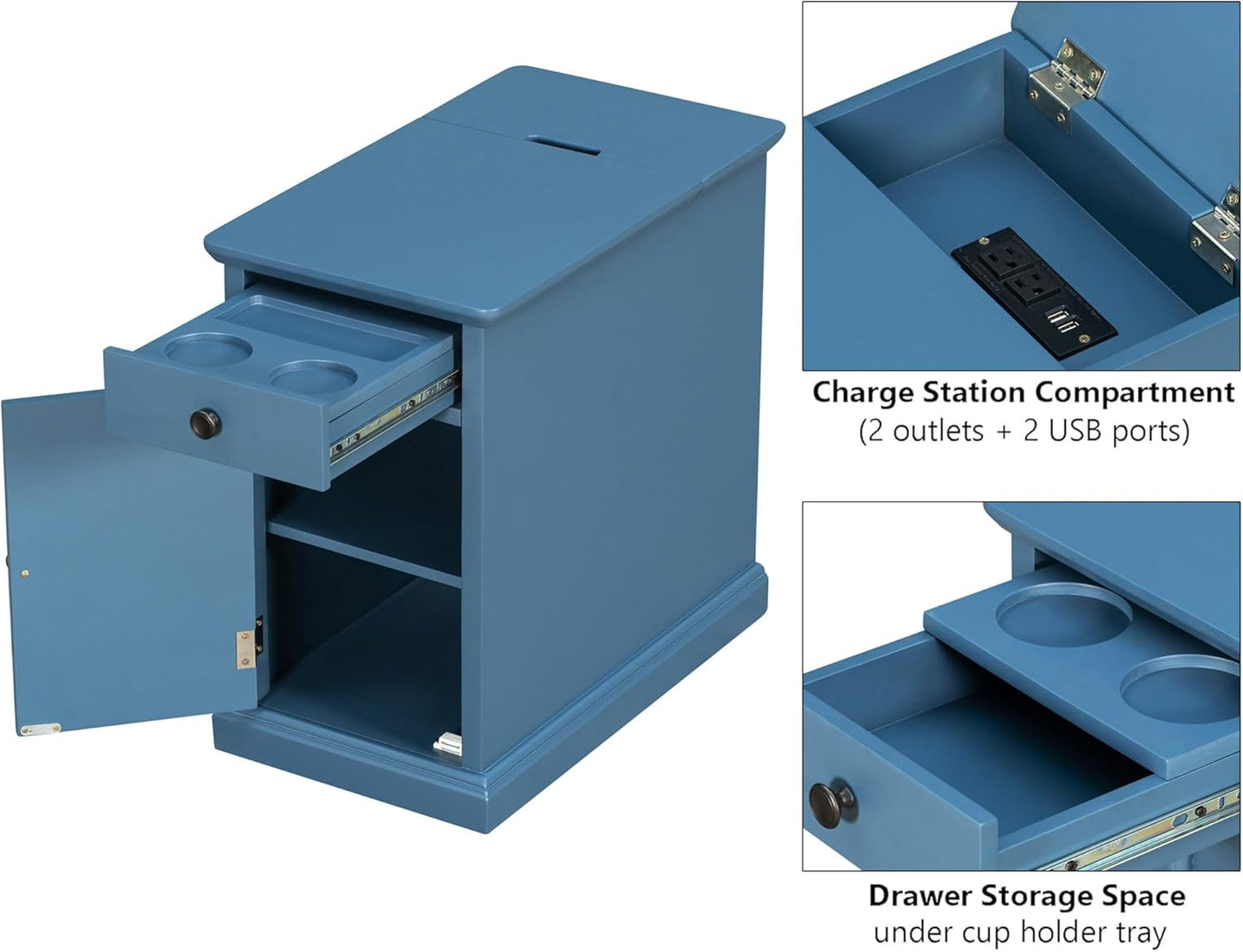 Traditional Wood End Table with Charging Station, Modern Vintage Sofa Chair Side Table Nightstand with Storage & Drawer for Living Room Bedroom, No Assembly, Antique Navy