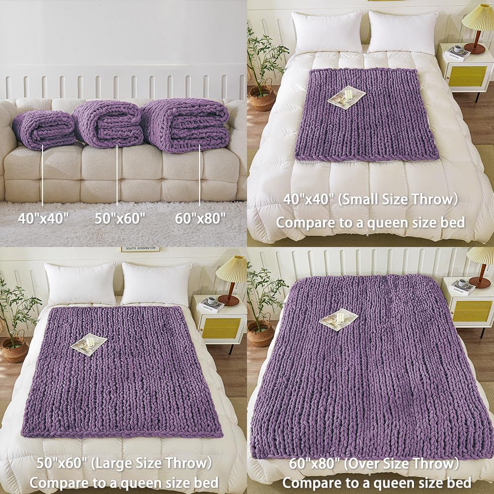 WESHIONGOO Chunky Knit Blanket Throw 40"×40" Knitted Throw Blankets for Couch Bed Fluffy Soft Blanket with Jumbo Chenille Yarn Thick 100% Handmade(Purple)