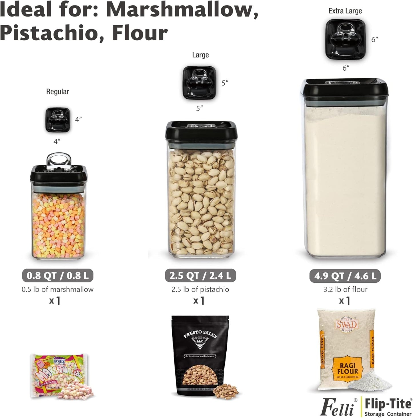 Felli Flip Tite Storage Container with Lid 6" XL Air Tight Ring Lock Top, Clear Acrylic Canister Set for Kitchen, Pet Cat Dog Food Treats, 5 lb Flour Sugar Pantry Organizer (Nest-L, Black)