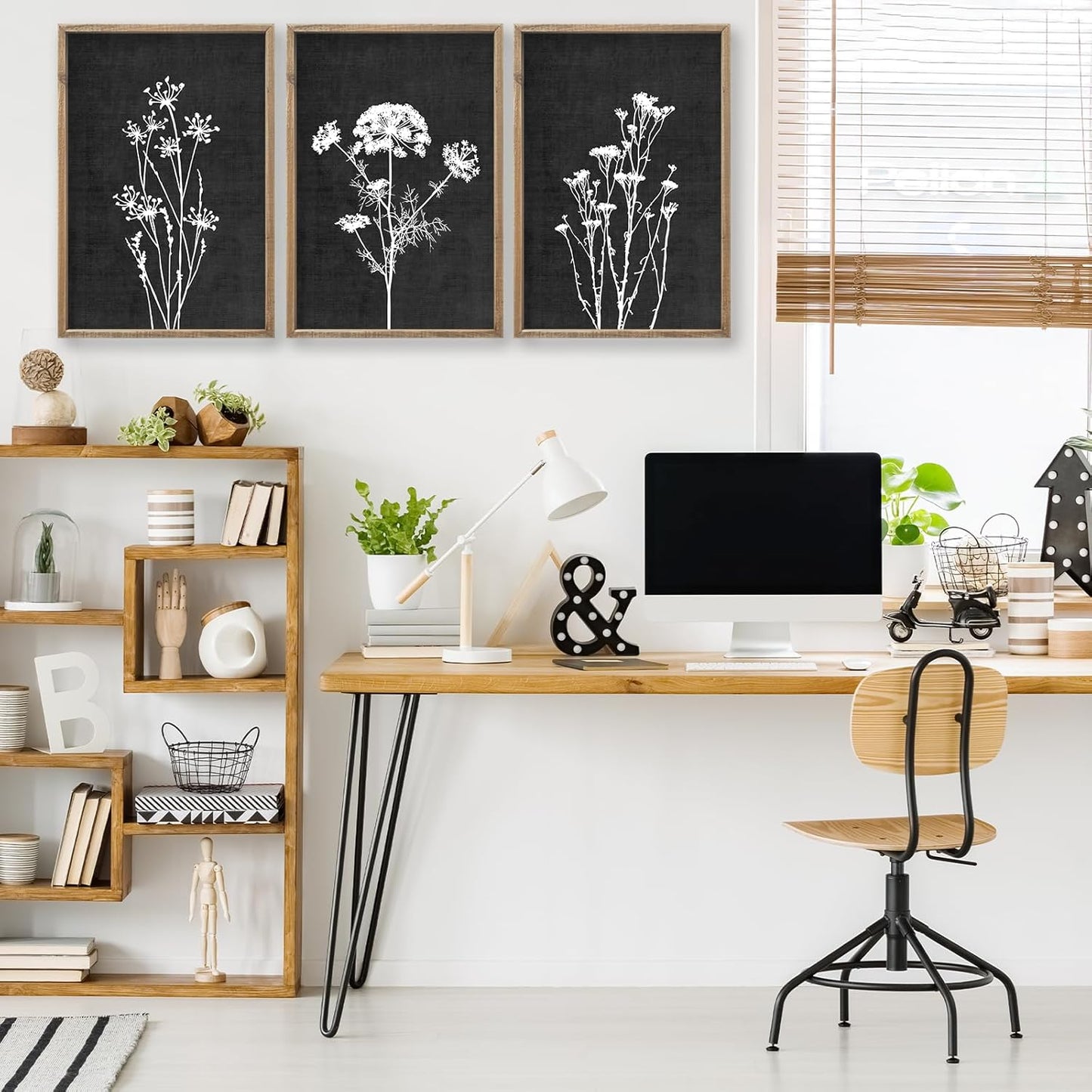 Flower Plant Wall Art Decor 16"x11" Set of 3 Black And White Botanical Painting Wood Framed For Minimalist Bedroom Office Rustic Living Room Abstract Wildflower Sign Hanging (Wood Black)