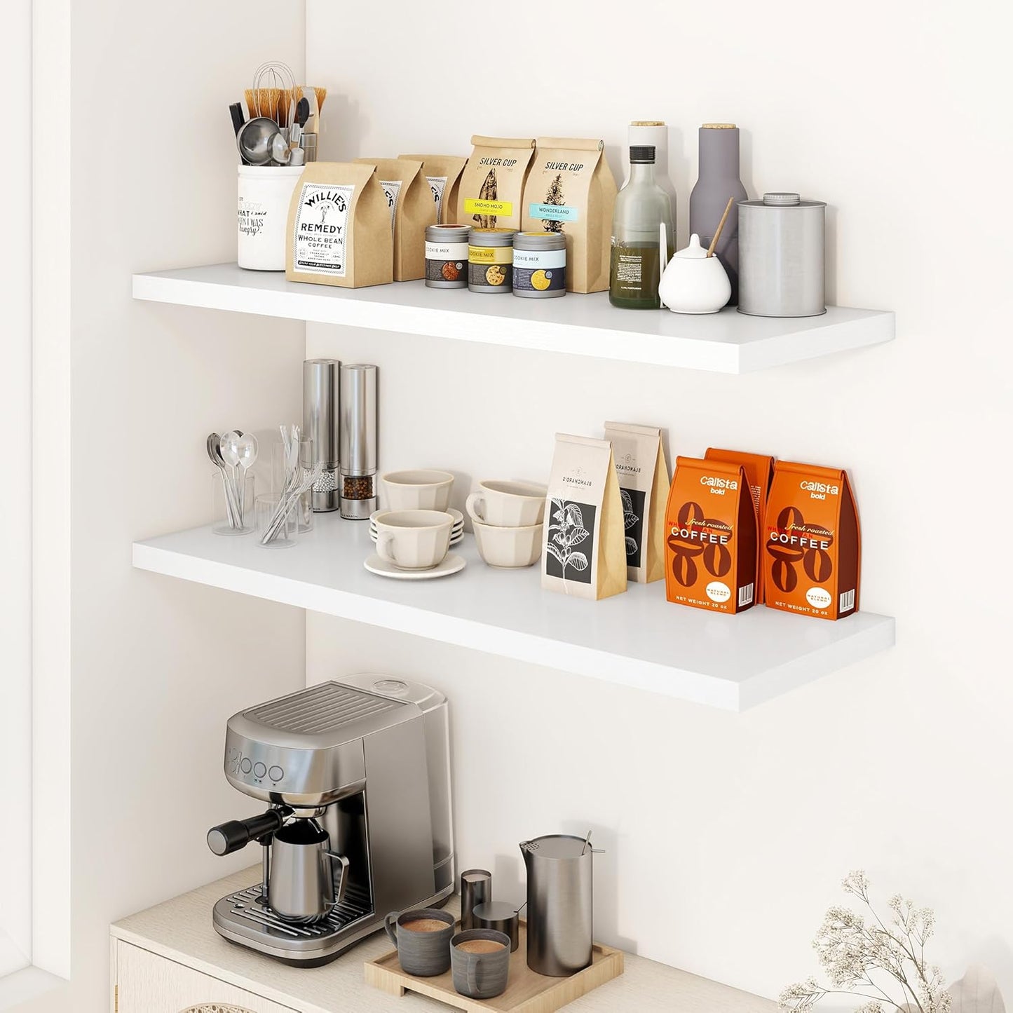 40" Floating Shelves for Wall, 12" Deep Slim White Floating Shelves, Wall-Mounted Shelves for Bedroom, Living Room, Kitchen, Bathroom - Set of 2