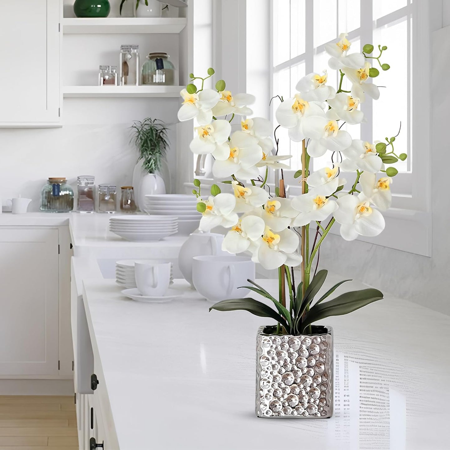 Orchid Artificial Flowers with Sliver Vase Large Silk Faux Phalaenopsis Flowers for Dining Room Table Floral Centerpieces Indoor Decoration,White