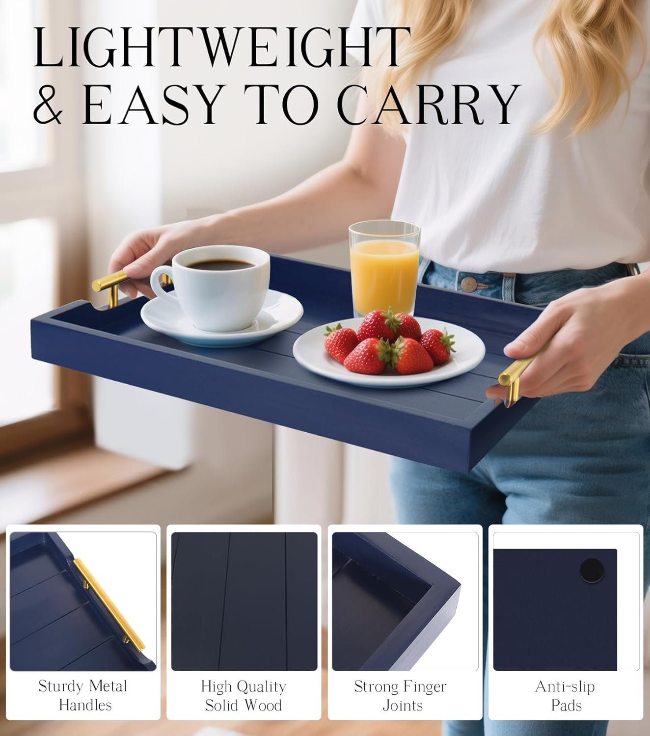 Coffee Table Tray - Large Ottoman Tray for Living Room - Wood Serving Tray with Handles(2 Sets) - Wooden Trays for Coffee Tables, 4 Round Coasters Included, Deep Blue